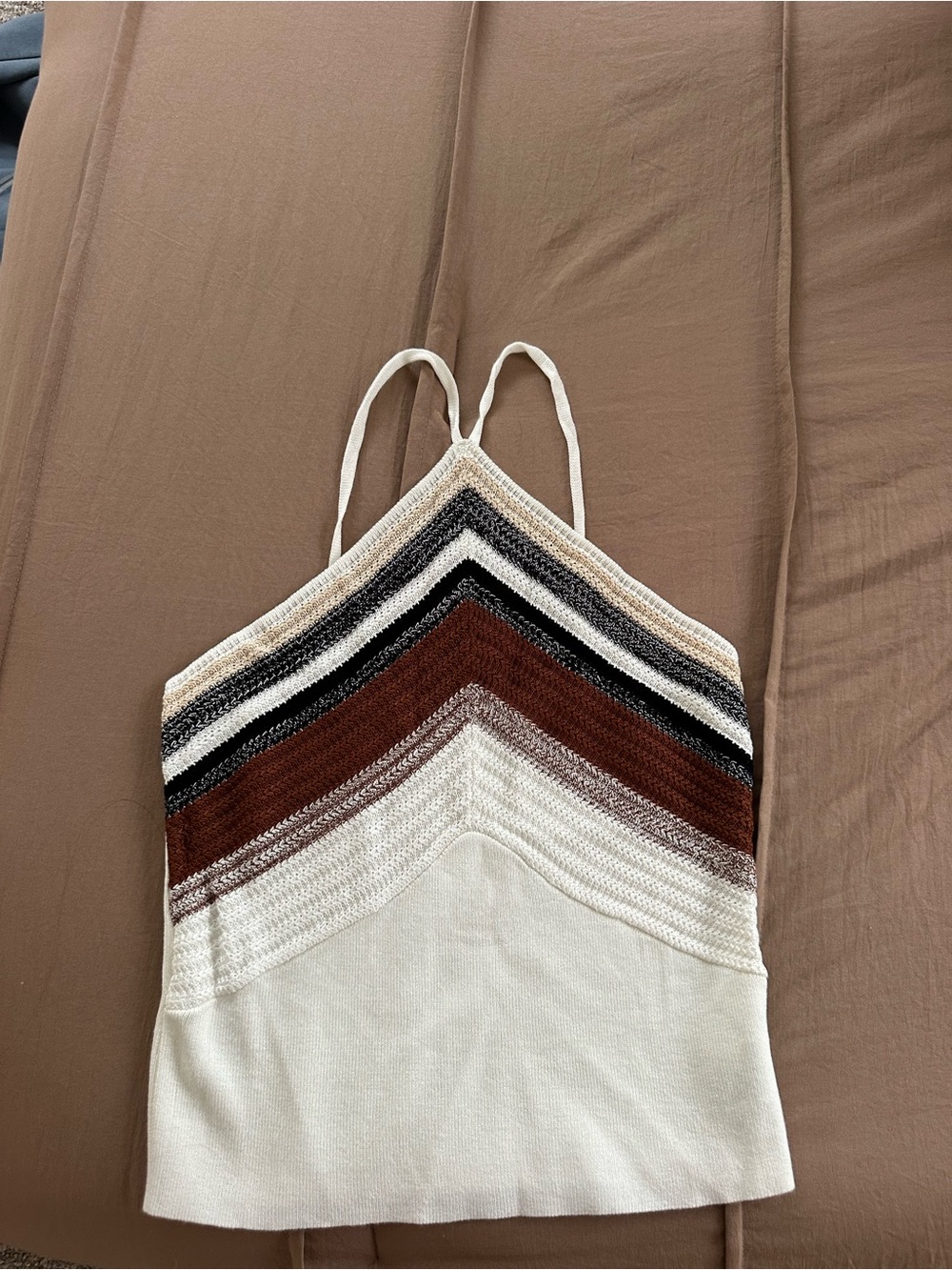 Commense Striped Crochet V-Neck Camisole in Cream, Brown and Black